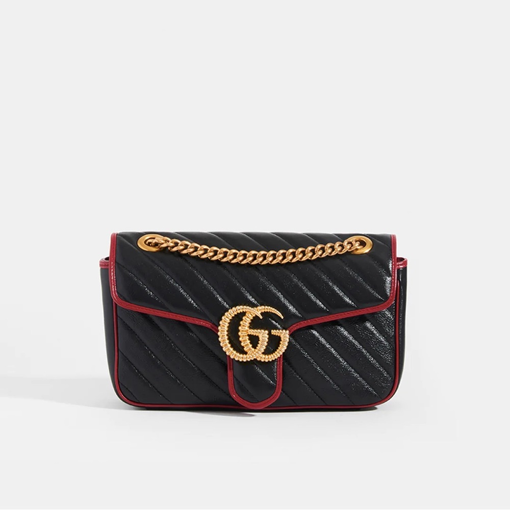 GG Marmont Chevron Leather with Red Trim Shoulder Bag in Black (Limited Edition)